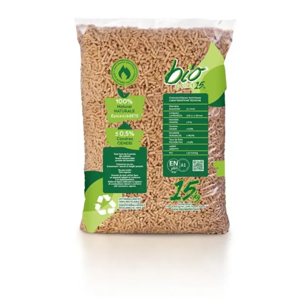 Pellets de madera 100% resinosa – BIO PELLET EnPlus A1 – BOLSA 15kg
